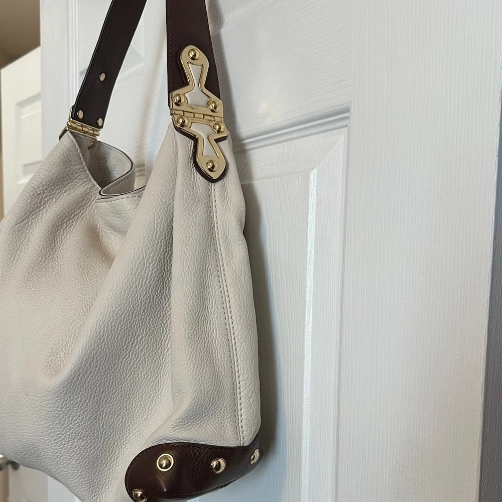 MICHAEL Michael Kors Bedford Cream and Brown Hobo Bag Gold Hardware Soft Leather